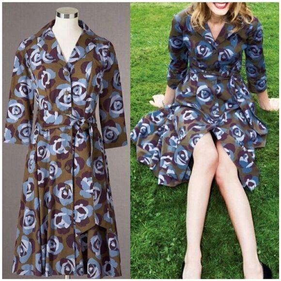 Boden Women’s Riviera Olive Green Rose Floral Print Button Down Waist Tie Shirt - Picture 13 of 13